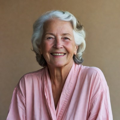 Smiling elderly woman in pink shirt