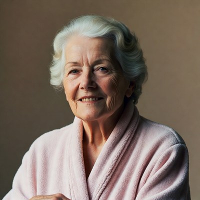 Elderly woman smiling in pink robe