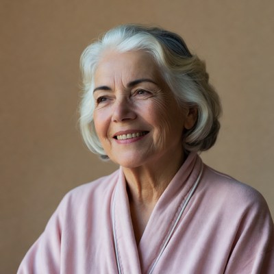 Smiling elderly woman in pink robe