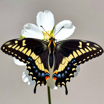 Black Swallowtail Butterfly on White Flower
