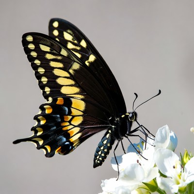 Black Swallowtail Butterfly on White Flowers