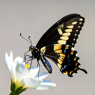 Black and Yellow Butterfly on Daisy
