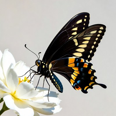 Black Swallowtail Butterfly on White Flower