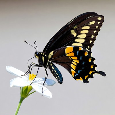 Black and yellow butterfly on white flower