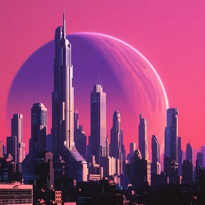 Futuristic Cityscape with Giant Pink Moon