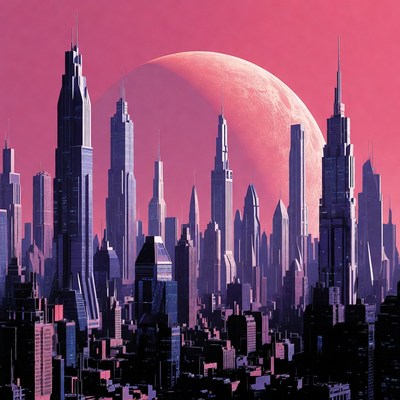 Futuristic Cityscape with Giant Pink Moon