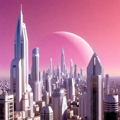 Futuristic Cityscape with Pink Moon