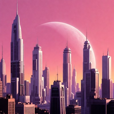 Futuristic Cityscape with Giant Pink Moon