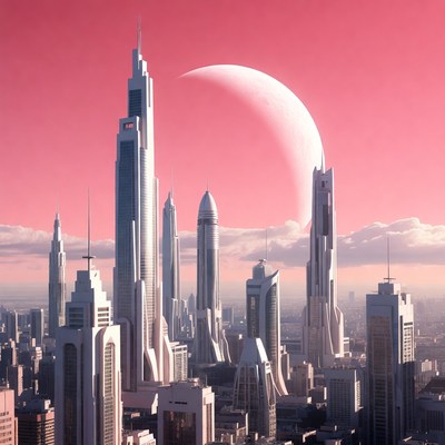 Futuristic Cityscape with Crescent Moon
