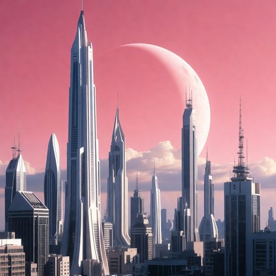 Futuristic Cityscape with Giant Moon
