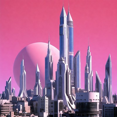 Futuristic Cityscape with Pink Sky