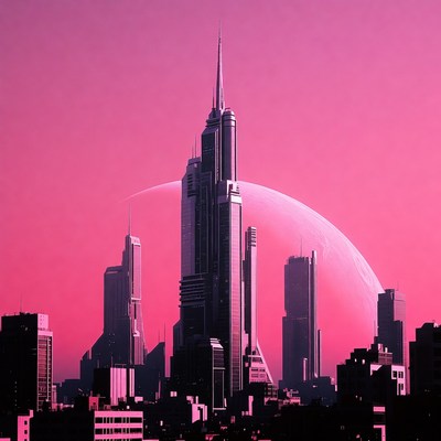 Futuristic Pink Cityscape with Moon