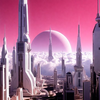 Futuristic Cityscape with Pink Moon