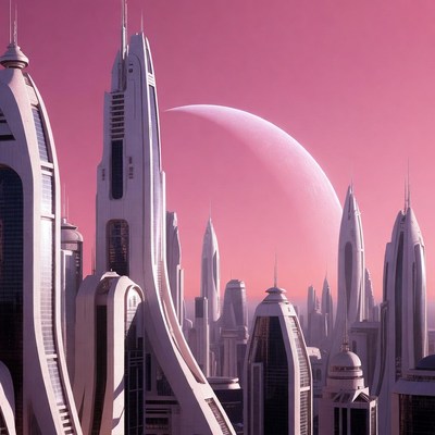 Futuristic Cityscape with Pink Moon