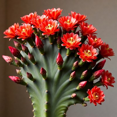 Red Clavina Cactus with Blooming Flowers