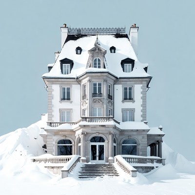 Snow-Covered French Chateau on Hill