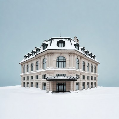 Snow-Covered Mansion on Snowy Plain