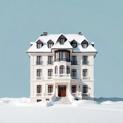 Snow-Covered Mansion on Snowy Plain