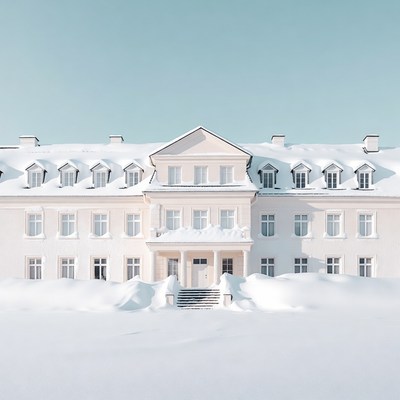 Snow-Covered White Mansion in Winter