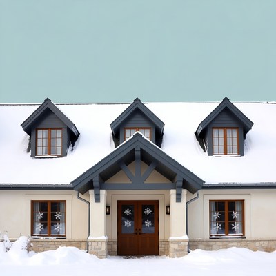 Snowy House with Snowflakes on Windows