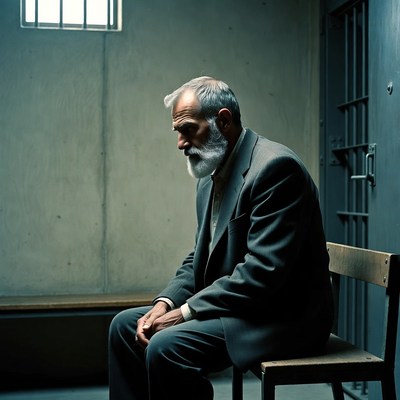 Elderly man sitting in prison cell