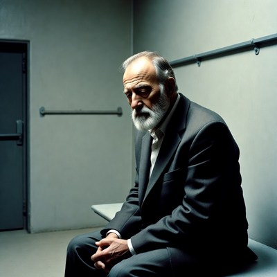 Elderly man sitting in jail cell