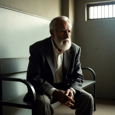 Elderly man sitting in prison cell