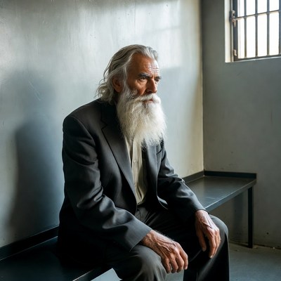 Elderly man with long beard in prison cell