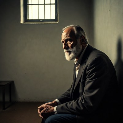Elderly man sitting in prison cell