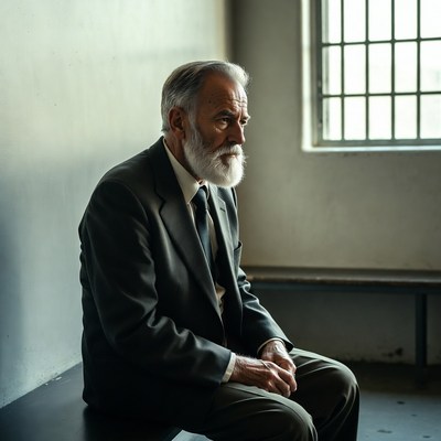 Elderly man sitting in prison cell