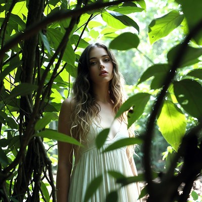 Woman in white dress surrounded by jungle foliage