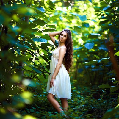 Woman in white dress in green forest