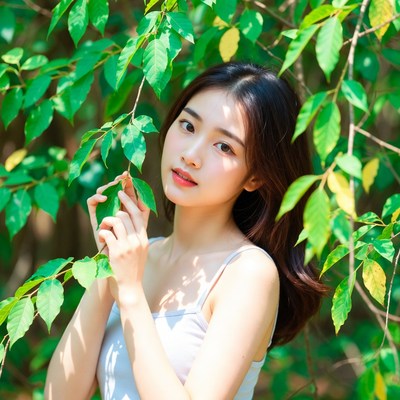 Asian woman holding leaf in green foliage