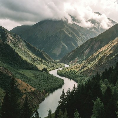 River Winding Through Green Mountains