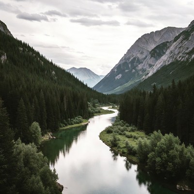 River Winding Through Forested Mountains