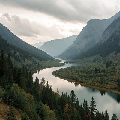 Serene River Winding Through Mountain Valley