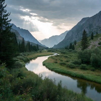 Mountain River in Valley with Sun Rays