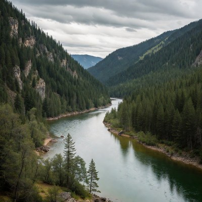 River flowing through forested mountains