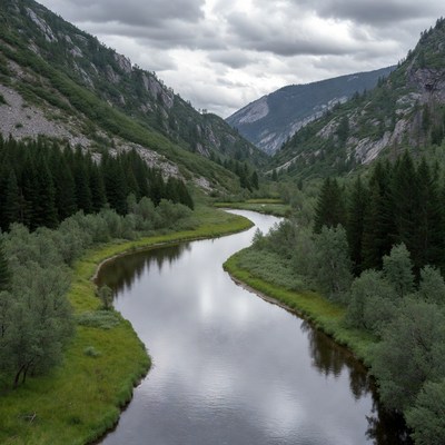 River winding through forested mountains