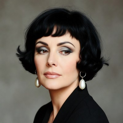 Woman with bob haircut and pearl earrings