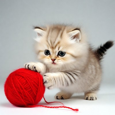Kitten playing with red yarn ball