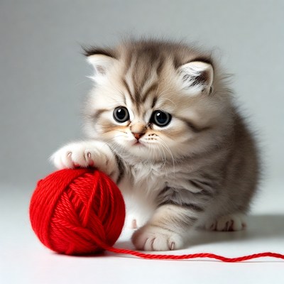 Kitten playing with red yarn ball