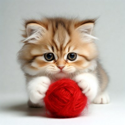 Kitten playing with red yarn ball
