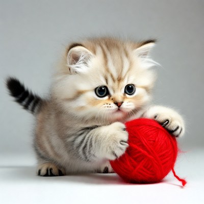 British Shorthair kitten playing with yarn