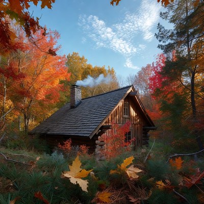 Log Cabin in Autumn Forest