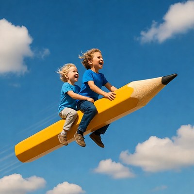 Boys riding giant pencil in sky