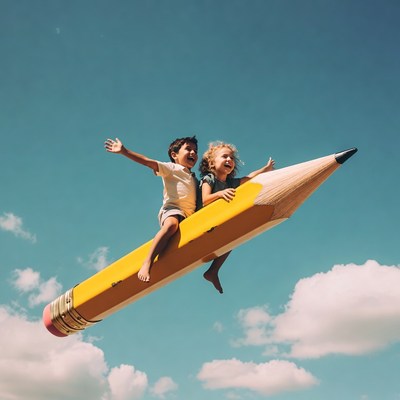 Two kids riding giant pencil