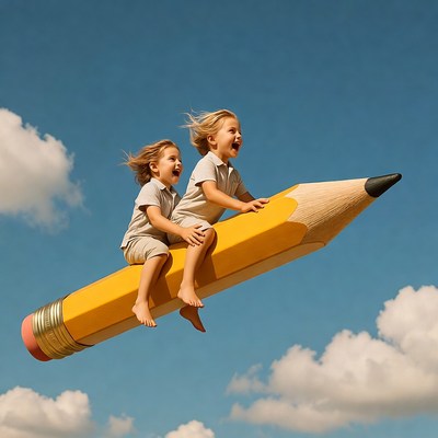 Twin boys flying on giant pencil