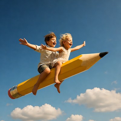 Boy and girl flying on giant pencil