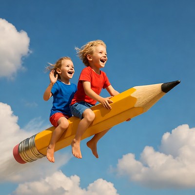 Two kids riding giant pencil